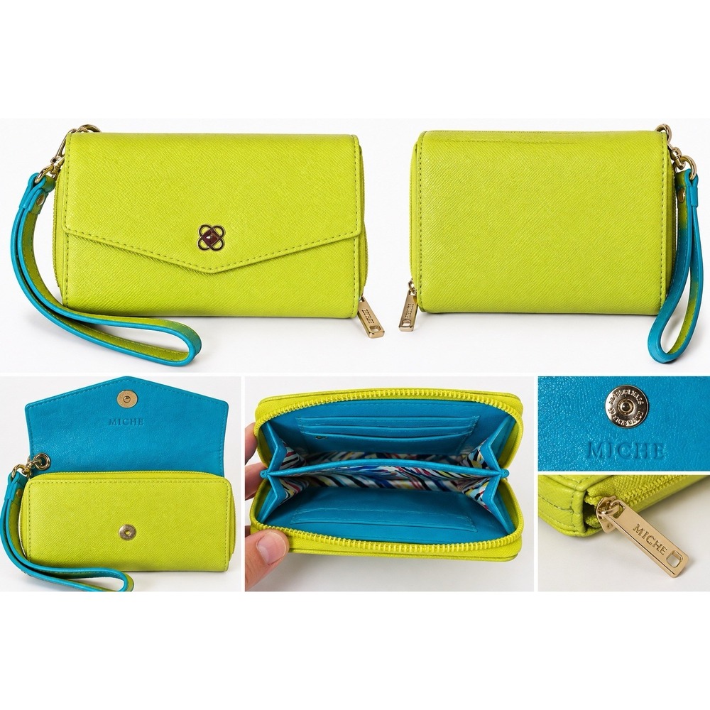 MICHE Womens Wristlet Wallet Lime Green Turquoise Zip Around Snap Clutch